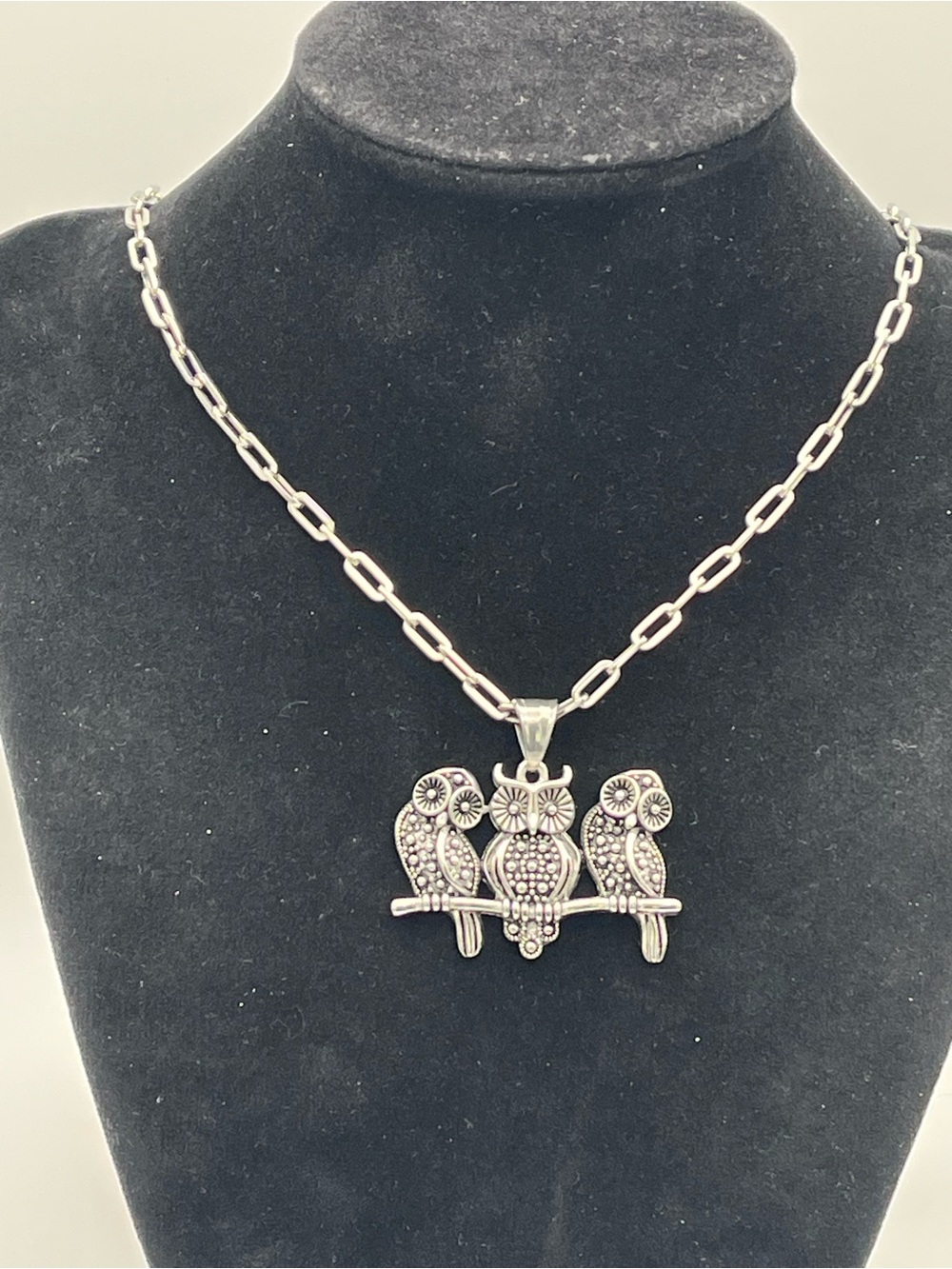 22”, Stainless Steel Trio Owl Pendant w/ Paper Clip Chain - Women Jewelry